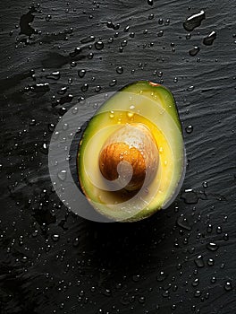 Fresh avocado half with water drops on dark surface