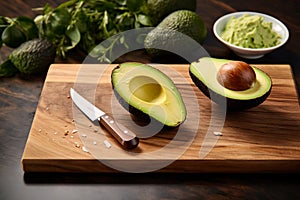 Fresh avocado halved on cutting board. Healthy vegetarian food concept. Cooking proces