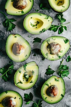 Fresh avocado halves with chopped parsley on a textured background