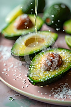 Fresh Avocado Halves Drizzled with Olive Oil and Sprinkled with Salt on a Ceramic Plate