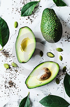 Fresh Avocado Halves With Pits on a White Background