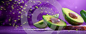 Fresh Avocado Halves with Stone and Slices on Purple Background with Dynamic Splashes