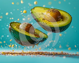 Fresh Avocado Halves Suspended in Air with Sprinkling Sesame Seeds on Turquoise Background Vibrant Healthy Eating Concept