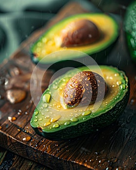 Fresh avocado halves with water droplets