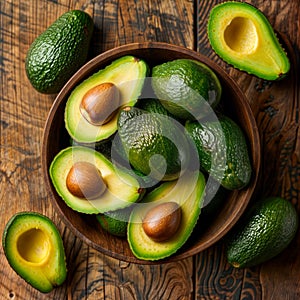 Fresh avocado halves in wooden bowl