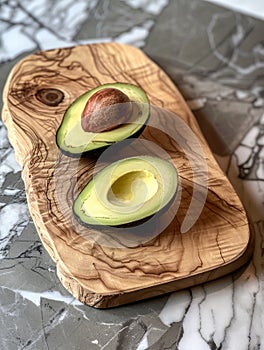 Fresh avocado halves on a wooden cutting board