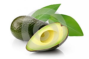 Fresh avocado with leaves isolated on a white background.