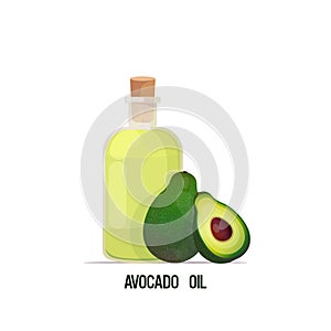 fresh avocado oil glass bottle and fruits isolated on white background