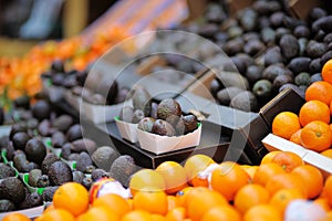 Fresh avocado and oranges at farmers market