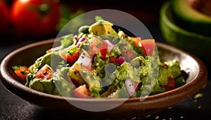 Fresh avocado salad, a healthy gourmet appetizer on wooden plate generated by AI