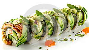 Fresh avocado sushi roll on white background. delectable japanese cuisine. perfect for menu images. delightful and