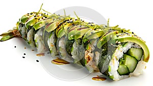 Fresh avocado sushi roll on a white background. A delicious Japanese cuisine dish, perfect for healthy eating and