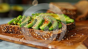 Fresh avocado toast on wooden board