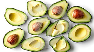 Fresh Avocados Sliced and Whole on White Background, Healthy Eating. Natural Food Photograph, Perfect for Nutrition and