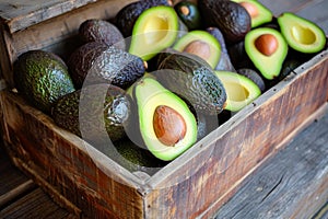 Fresh avocados in wooden crate