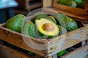 Fresh avocados in wooden crate at market