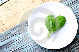 Fresh Baby spinach heart shape leaf on white plate, blue wooden background. Top view with copy space. Love, Healthy