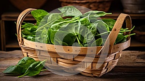 Fresh baby spinach leaves in rustic wooden trug