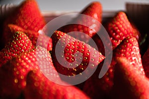 Fresh background detail of a strawberry box. Healthy food concept