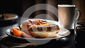 Fresh bagel on rustic wood plate with coffee generated by AI