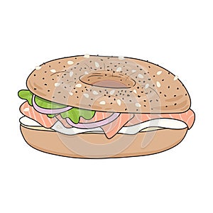 Fresh bagel sandwich with cream cheese and salmon. Poppy seeds and sesame on top. Vector illustration.