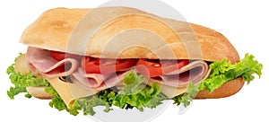 Fresh baguette sandwich with ham, cheese, tomatoes, and lettuce