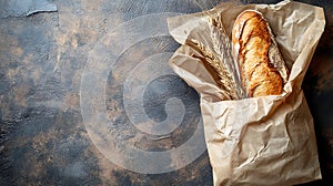 Fresh baguette and wheat stalks in paper bag on dark textured background with space for text photo