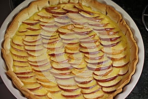 Fresh baked apple pie with neat rows of apple slices in a round white ceramic baking form