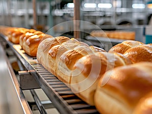 Fresh Baked Bread on Conveyor Belt in Industrial Bakery