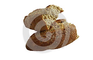 Fresh baked bread loaf broken on white background