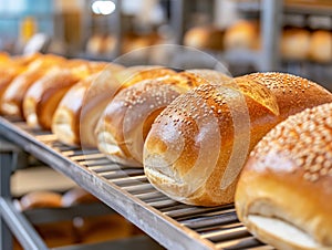 Fresh Baked Bread Loaves on Conveyor Belt