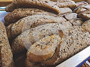 Fresh baked bread in the marketplace, close up