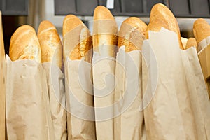 Fresh baked bread in supermarket. Fresh delicious food. Bakery.Top view. Mock up.Copy space. Selective focus. Summer bread.