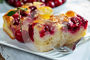 Fresh baked cake with red ripe juicy sour cherry or kriek berry