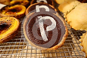 Fresh baked chocolate tarts in japanese bakery