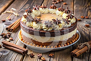 Fresh Baked Chocolate Vanilla Spice Cake Delicious Dessert Over Rustic Wood Table photo