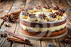 Fresh Baked Chocolate Vanilla Spice Cake Delicious Dessert Over Rustic Wood Table photo