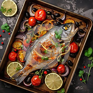 Fresh baked dorado fish with spices, herbs, tomato, salt and lemon. Top view.