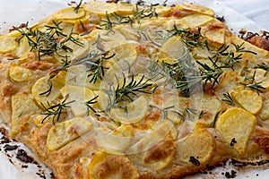 Fresh baked focaccia or pala romana pizza with potato vegetables and rosemary in bakery in Parma, Emilia Romania, Italy photo