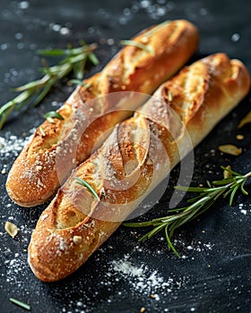 Fresh Baked French Baguettes with Rosemary Sprigs on Dark Wooden Background, Artisan Bread