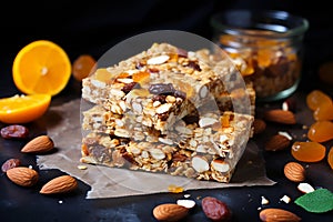 Fresh baked healthy muesli or granola bars with almond, raisins and dried apricots