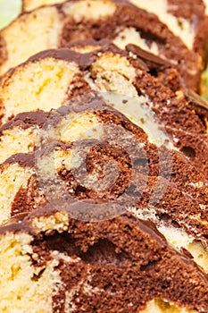 Fresh baked homemade marble cake with cocoa and chocolate