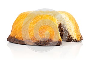 Fresh baked marble gugelhupf sweet bread isolated on white