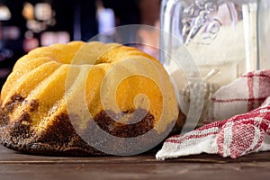 Fresh baked marble gugelhupf sweet bread with restaurant