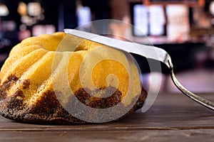 Fresh baked marble gugelhupf sweet bread with restaurant