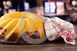 Fresh baked marble gugelhupf sweet bread with restaurant