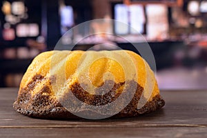 Fresh baked marble gugelhupf sweet bread with restaurant