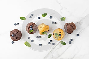 Fresh baked muffins with chocolate chips, blueberry berries and mint leaves on white marble table background. Chocolate and banana