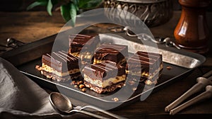 Fresh baked Nanaimo bars on vintage embossed metal tray. Generative AI