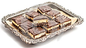 Fresh baked Nanaimo bars on vintage embossed metal tray and tiny forks in horizontal . Ai Generative